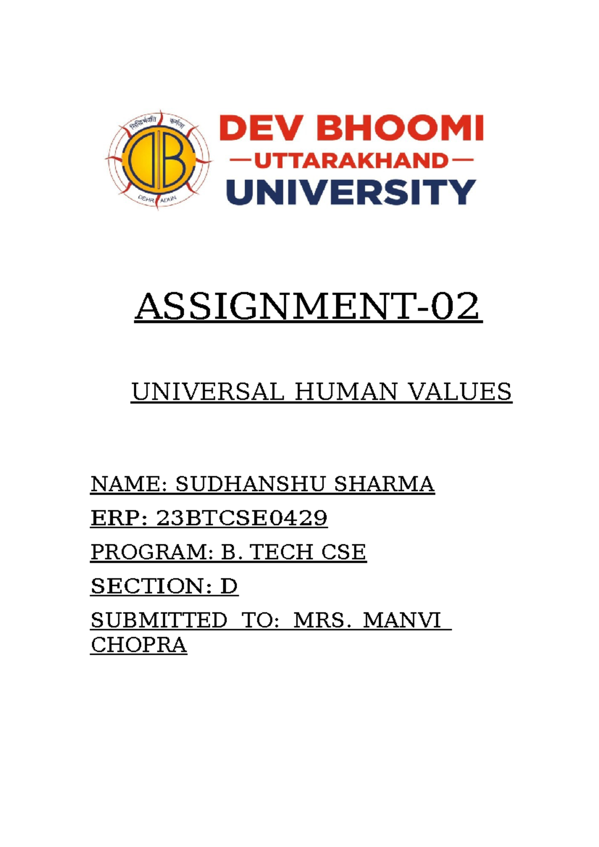 B. TECH CSE (23BTCSE0429) Assignment 02: Universal Human Values - Studocu