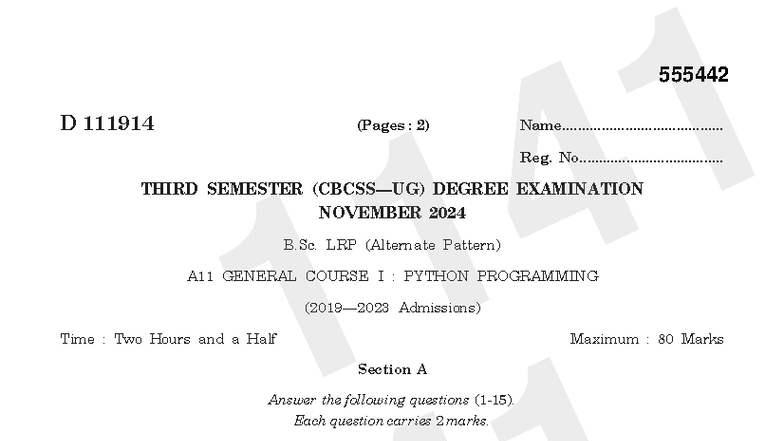 B.Sc. LRP A11 General Course I: Python Programming Exam Nov 2024 - Studocu