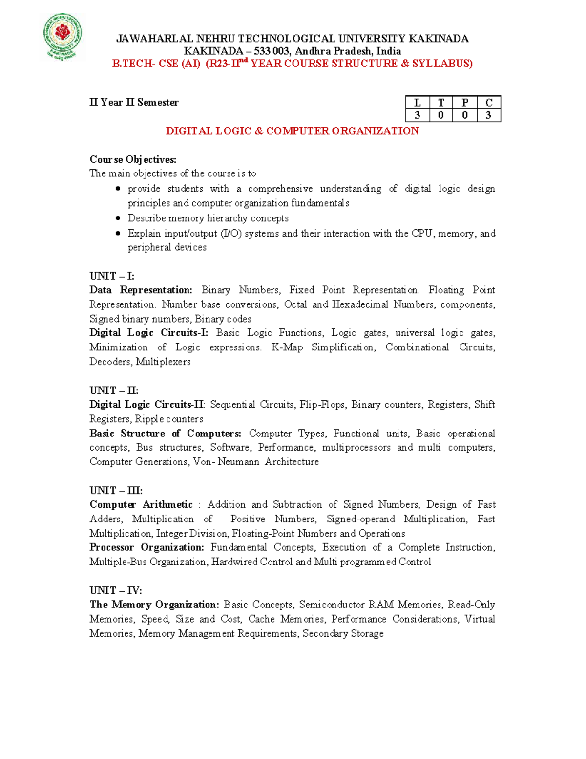 CSE (AI) II Year II Sem Digital Logic & Computer Org Syllabus - Studocu