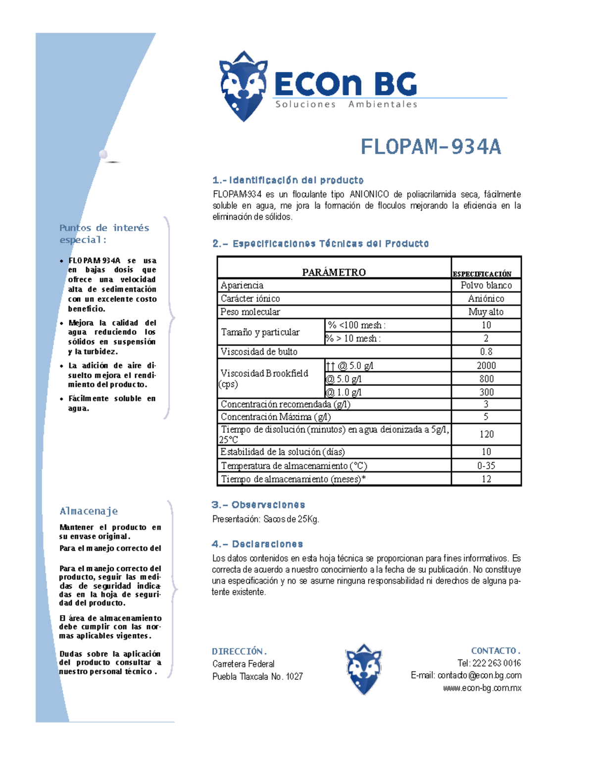 Ficha Técnica de Polímero Floculante FLOPAM-934A - Studocu