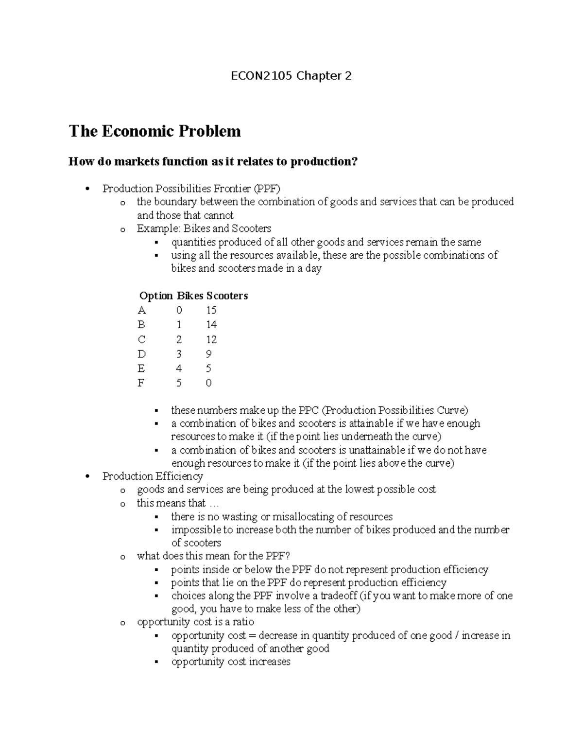 ECON2105 Chapter 2 Notes: Understanding the Economic Problem and PPF ...