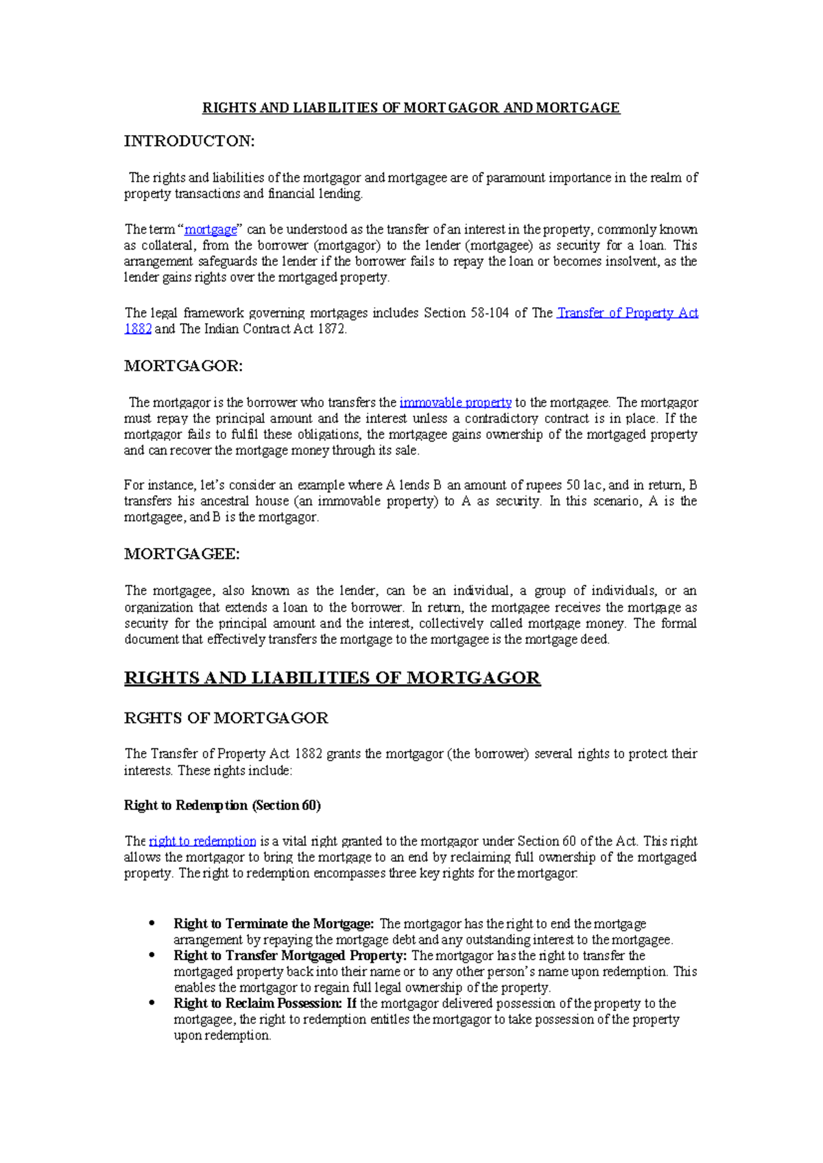 Rights and Liabilities of Mortgagor and Mortgagee Explained - Studocu