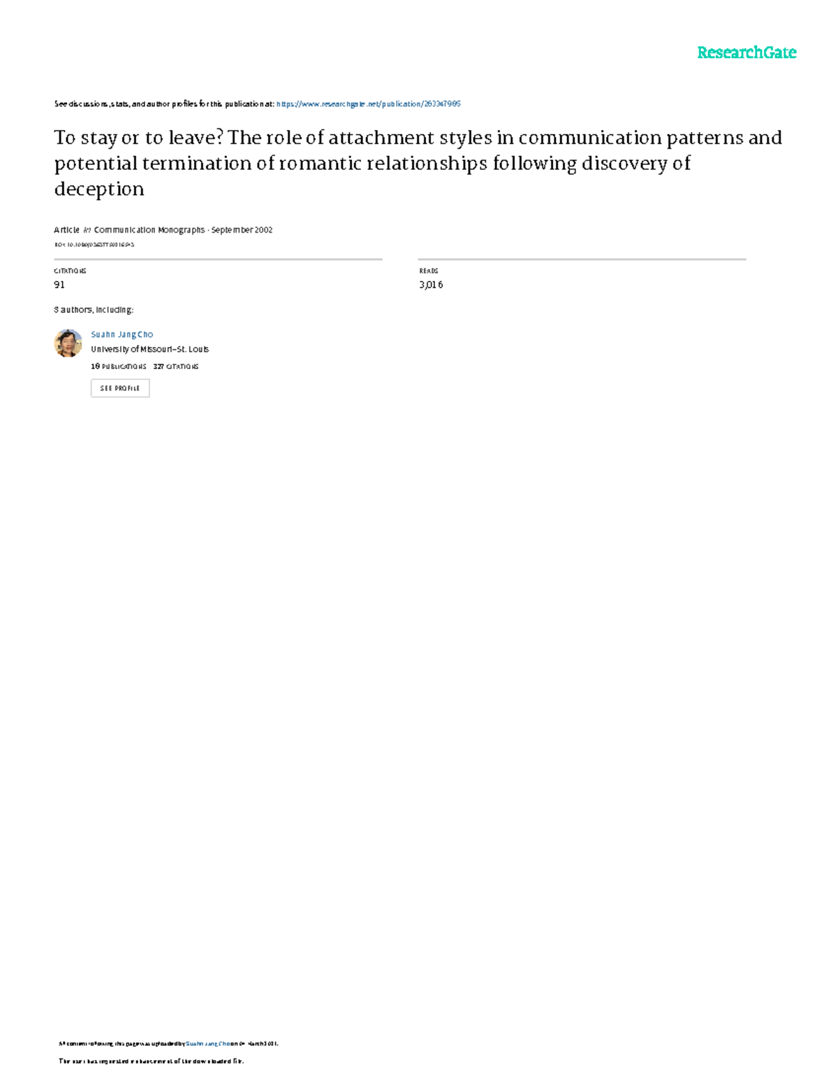 To Stay or To Leave? Comm Patterns & Attachment Styles Post-Deception ...