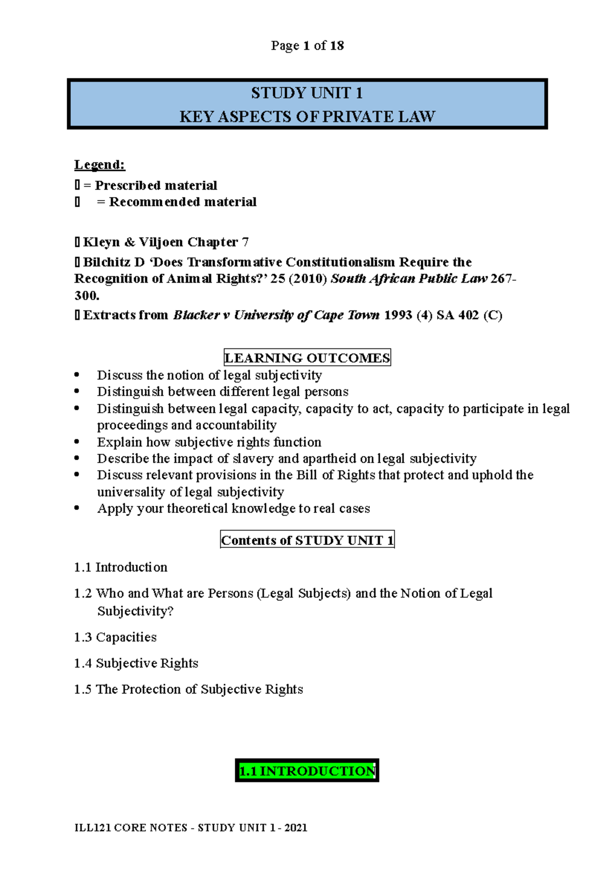 ILL121 CORE Notes - Study Unit 1: Key Aspects of Private Law (2021 ...