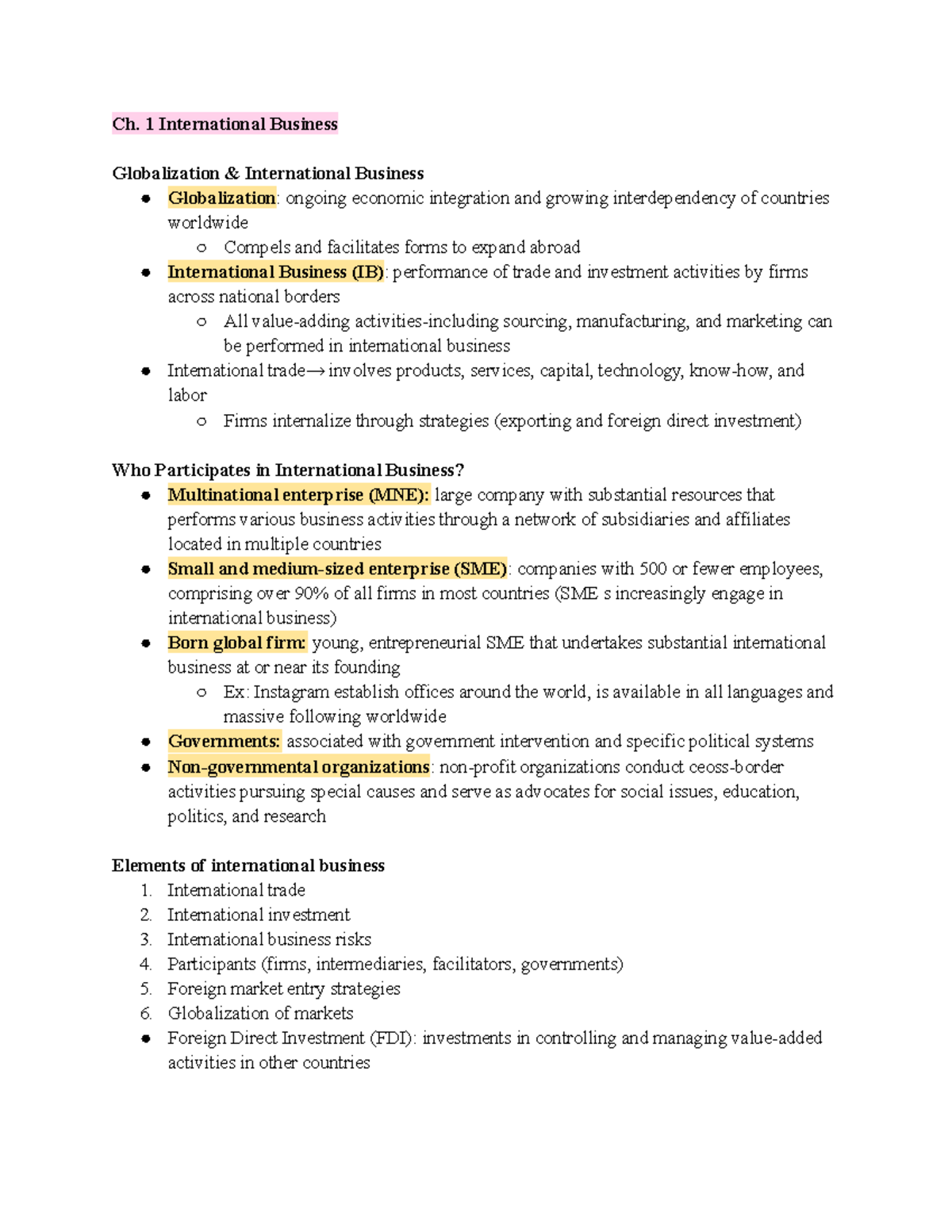 Ch. 1 International Business: Globalization & Key Concepts - Studocu