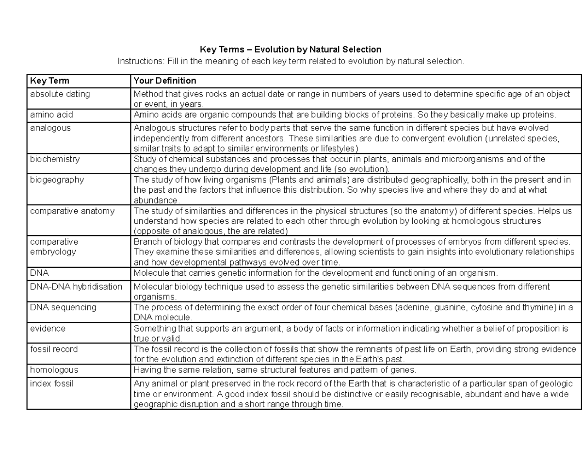 Key Terms for Evolution & Natural Selection (BIO 101) - Studocu