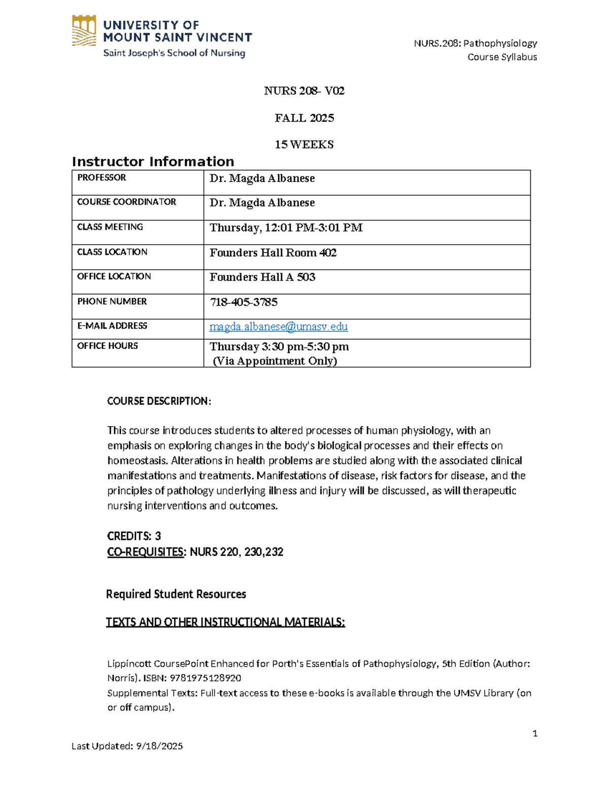 NURS.208: Pathophysiology Course Syllabus for Fall 2025 - Studocu