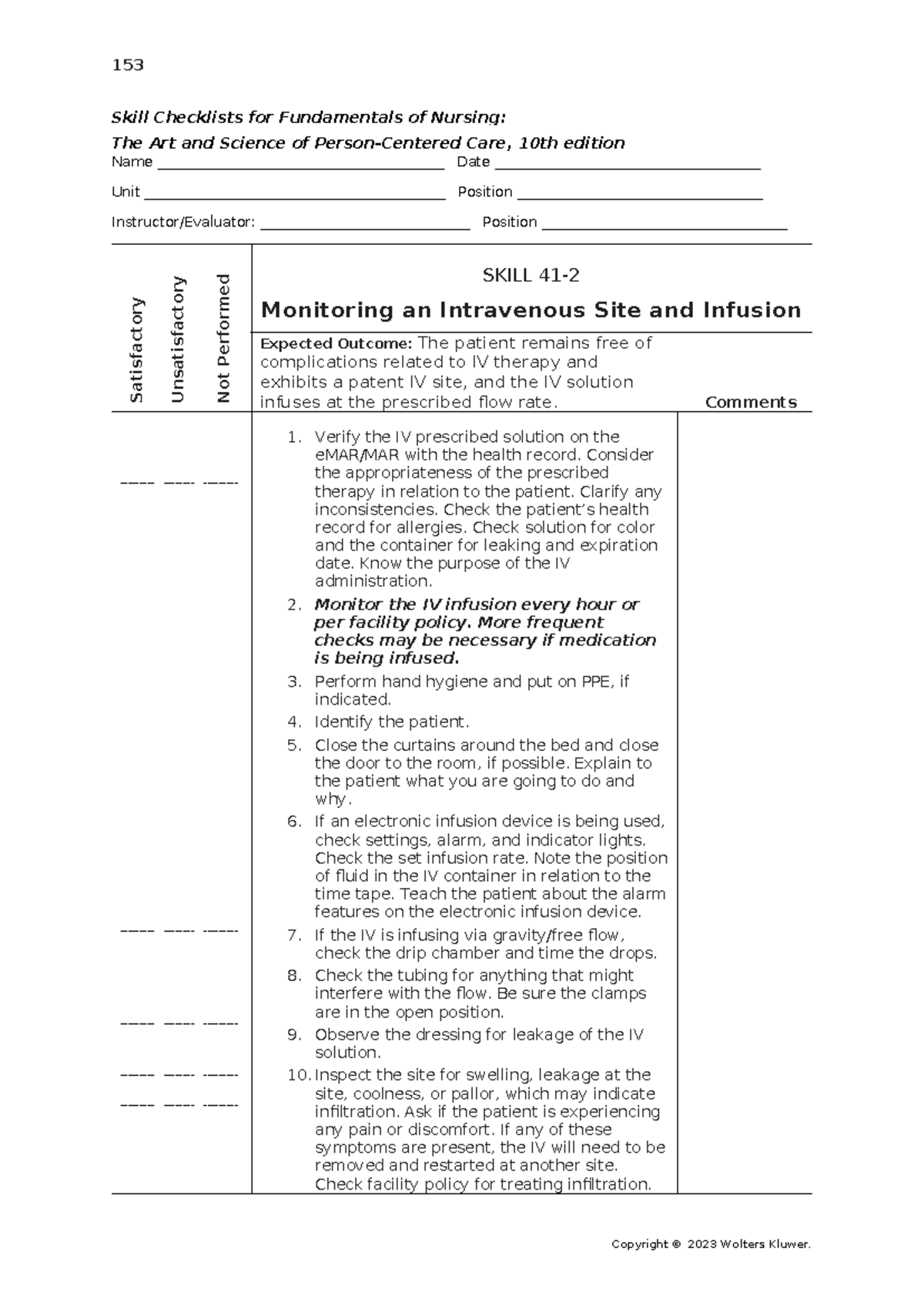 153 Skill Checklists for Nursing Fundamentals: IV Site Monitoring - Studocu