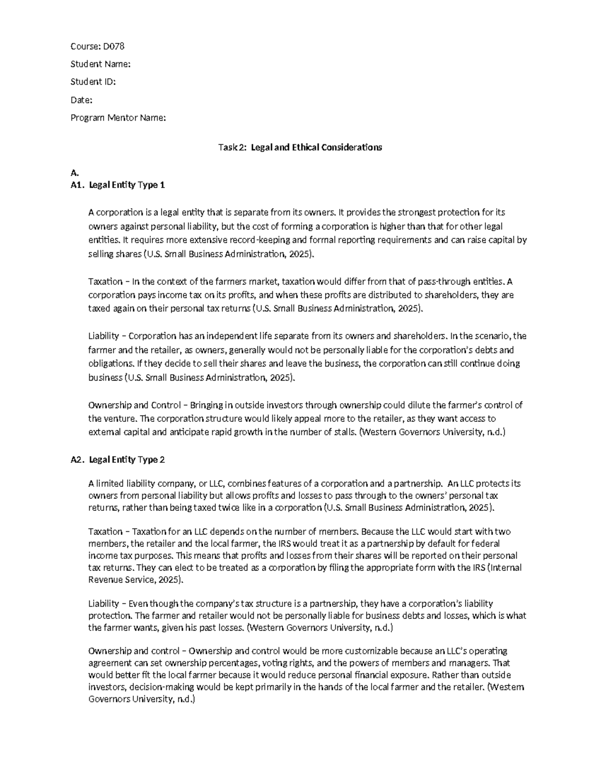 D078 - Task 2: Legal and Ethical Considerations in Business Entities ...