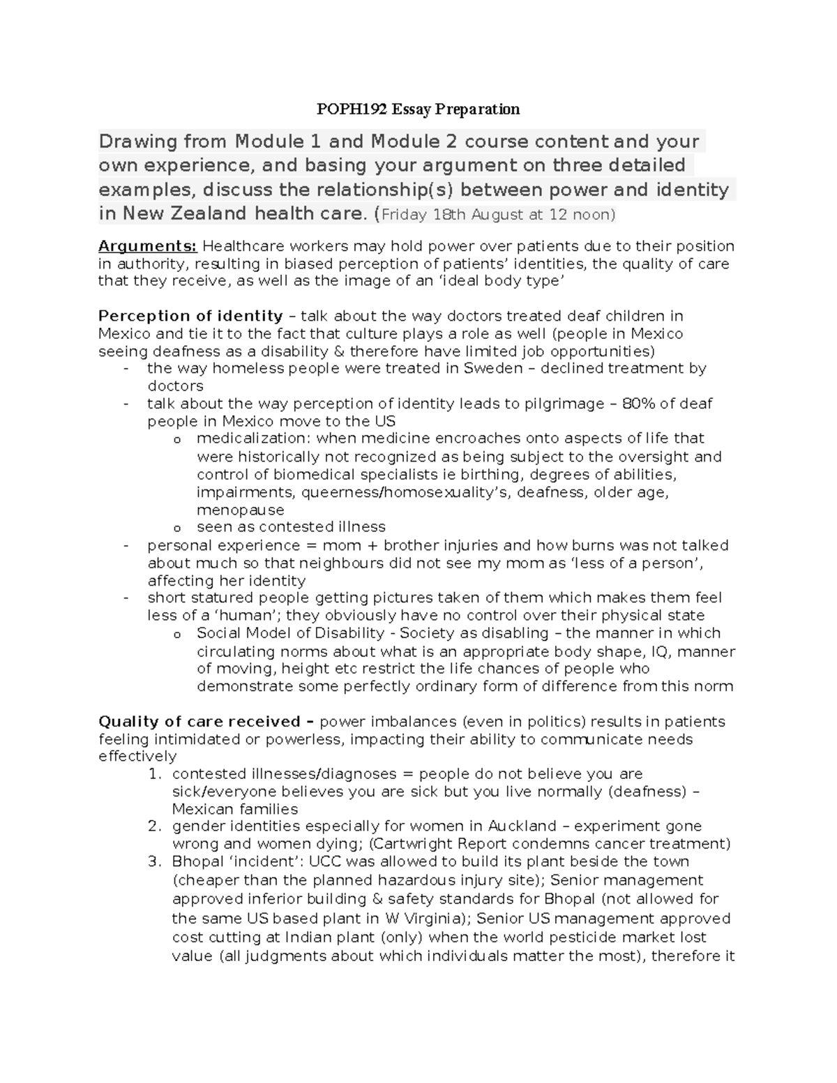 POPH192 Essay Notes: Power and Identity in NZ Healthcare - Studocu