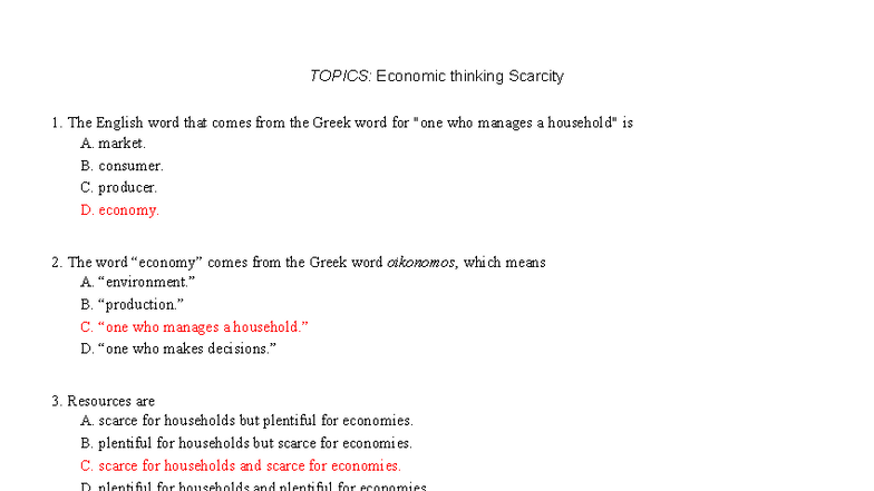 Sec 1.0 MC Ten Principles of Economics - TOPICS: Economic thinking ...