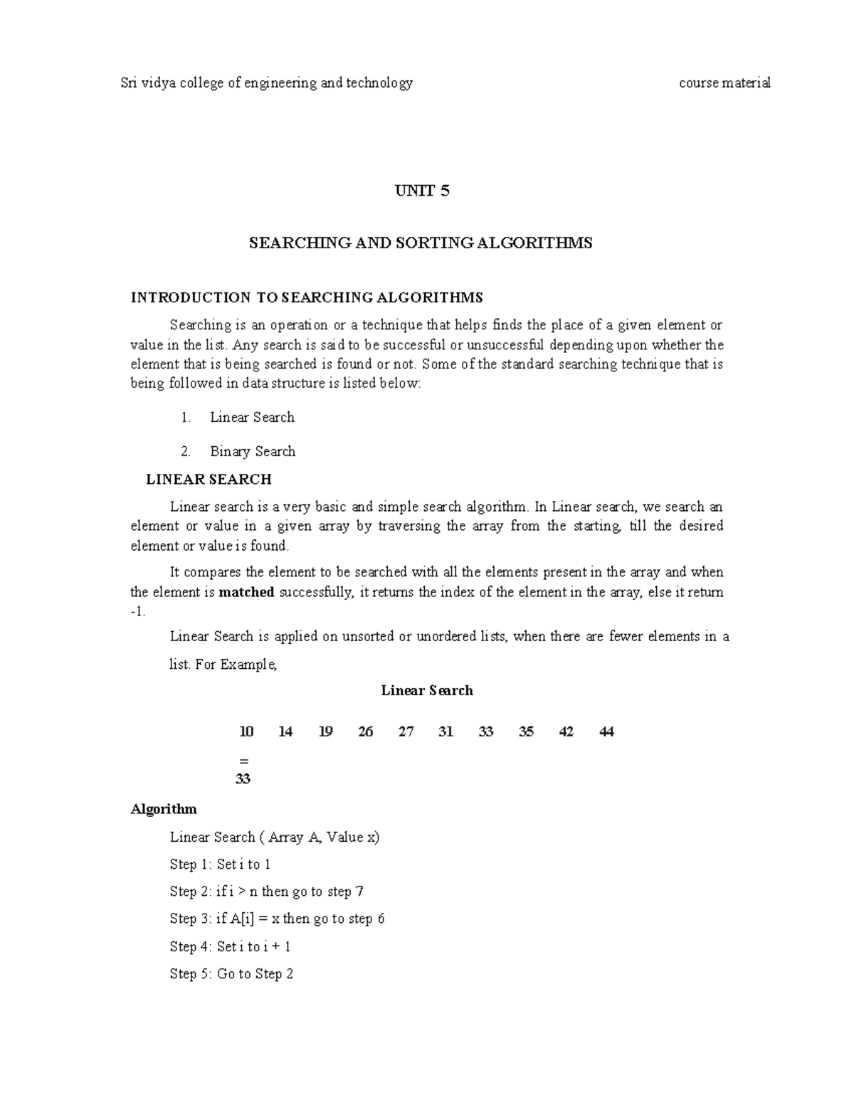 EC of Data Structures in C: Unit 5 - Searching and Sorting Algorithms ...