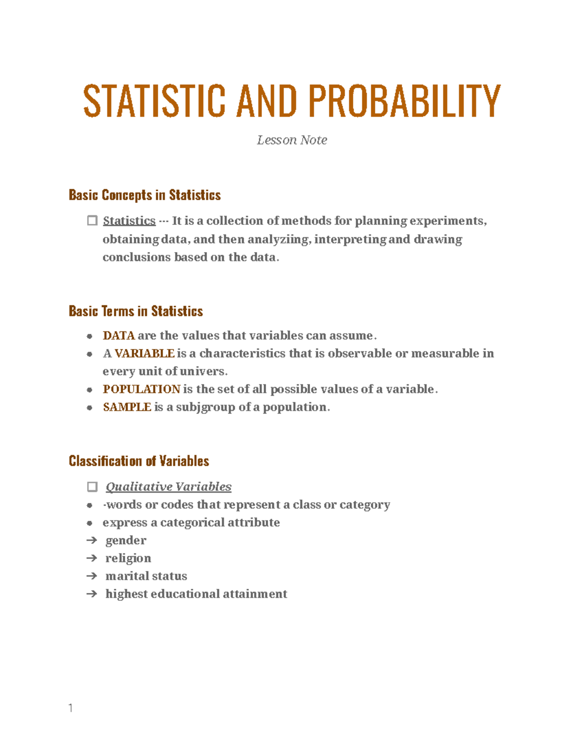 Statistic - STATISTIC AND PROBABILITY Lesson Note Basic Concepts in ...