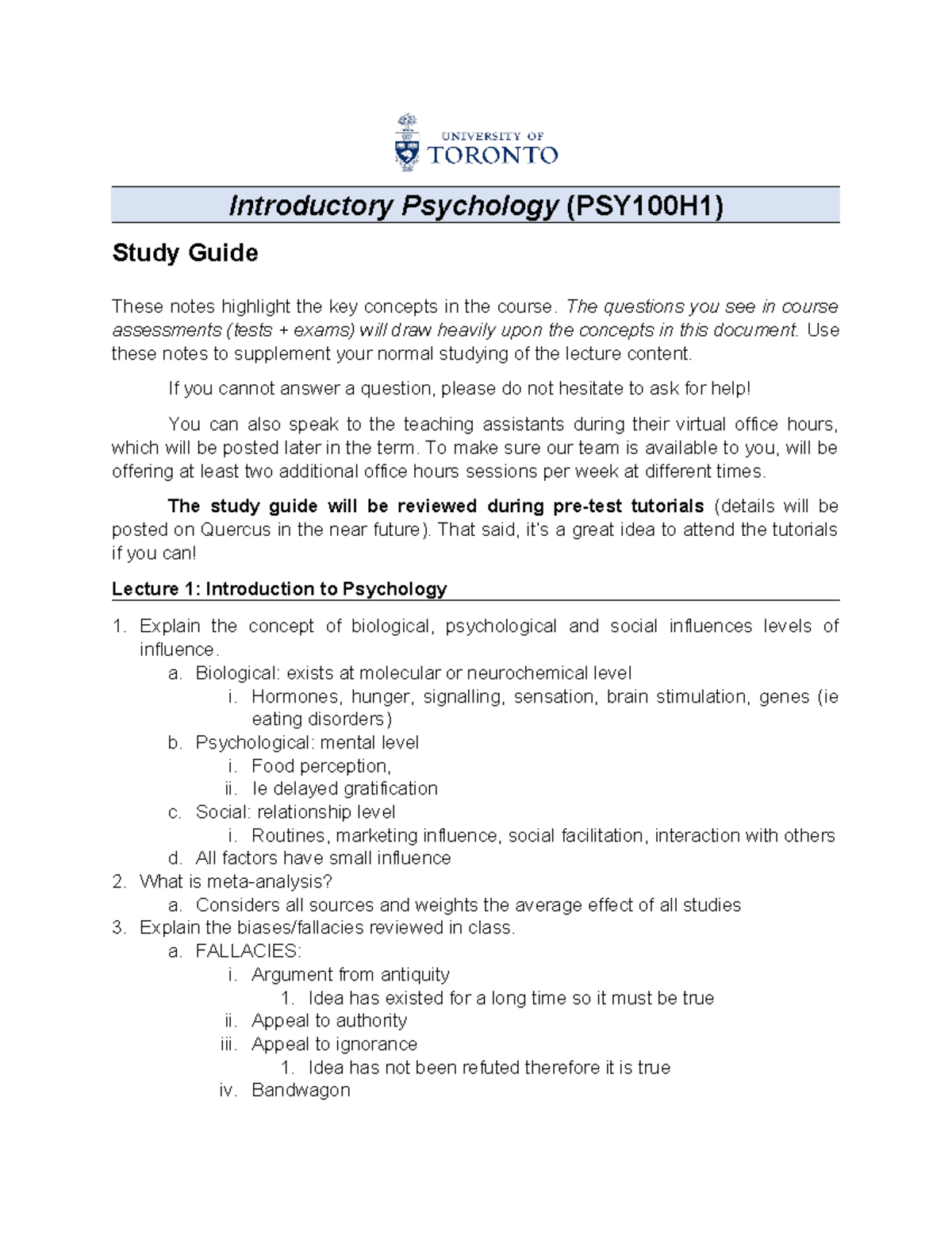 PSY100-Winter 2025-Final Study Guide for Introductory Psychology - Studocu