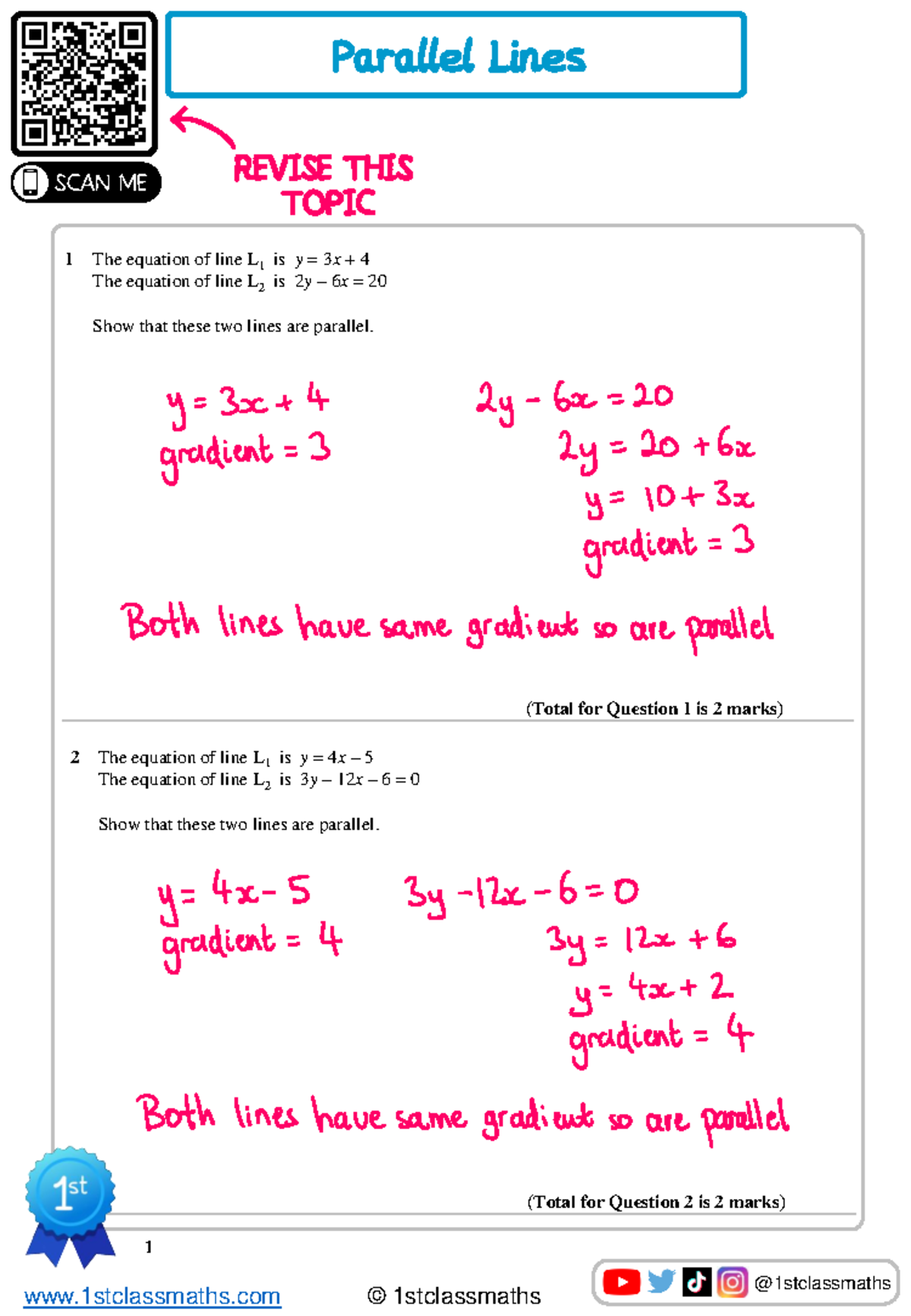 Parallel Lines Edexcel Solutions - 1 The equation of line L 1 is y = 3x ...