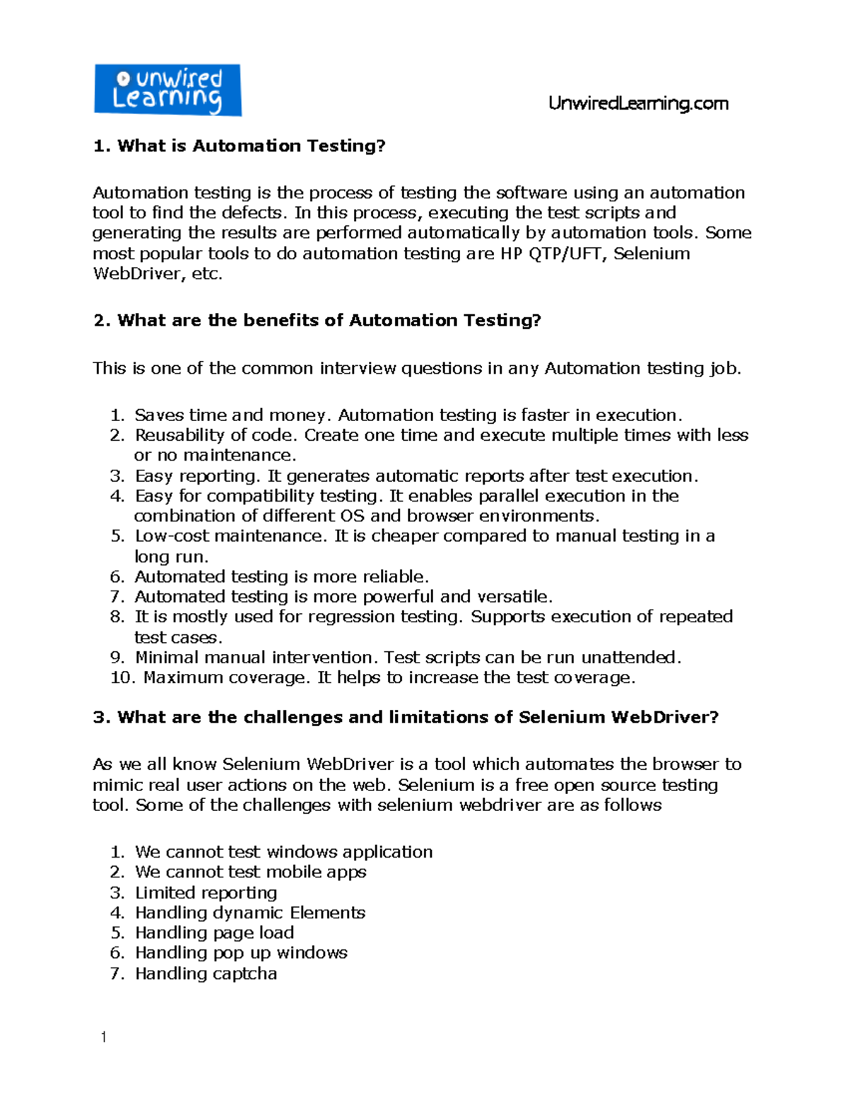 5th unit Selenium Webdriver Interview Question pdf - What is Automation ...