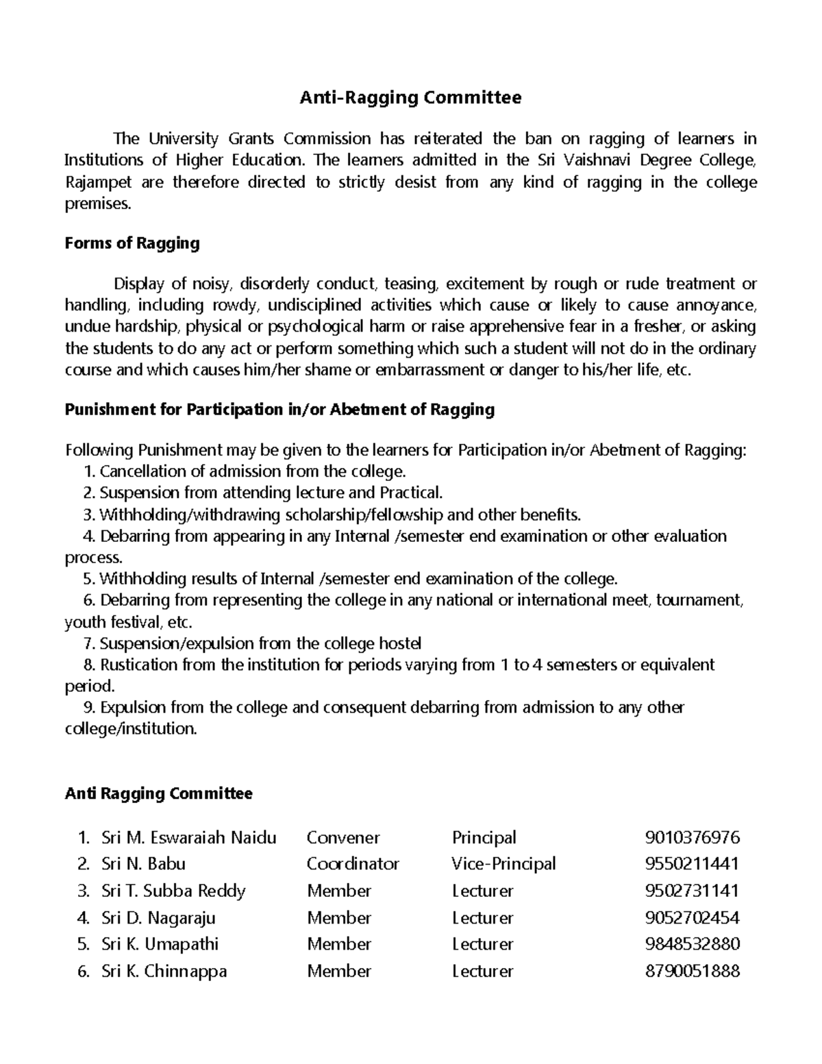 Anti-Ragging Committee Guidelines and Contact Info - Studocu
