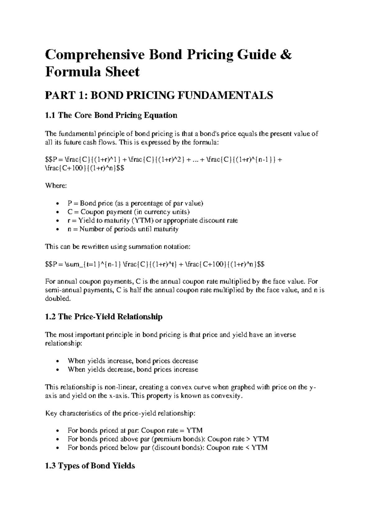BOND 101: Comprehensive Bond Pricing Guide & Formula Sheet - Studocu