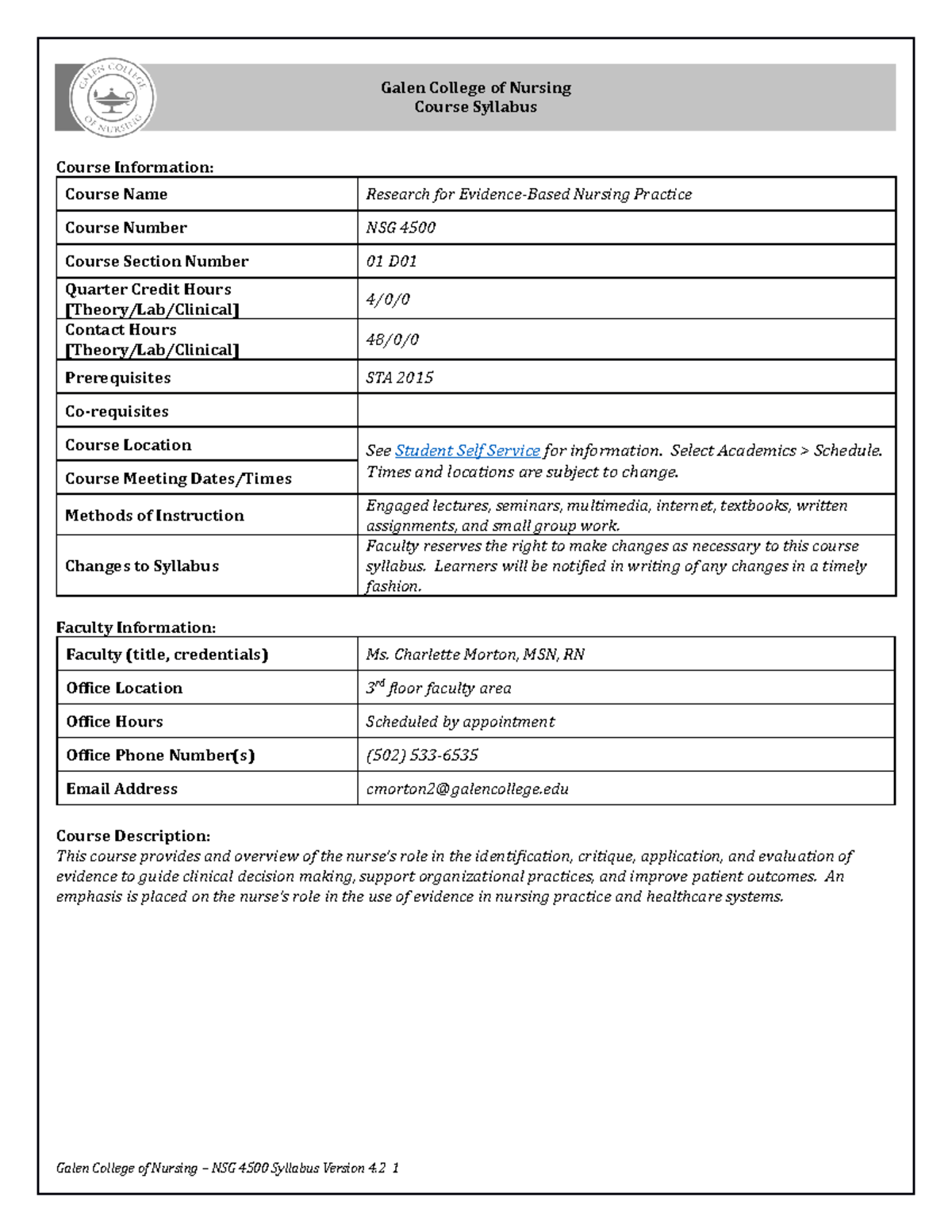 NSG 4500 Syllabus Summer 23 Version 4-2 - Galen College of Nursing ...
