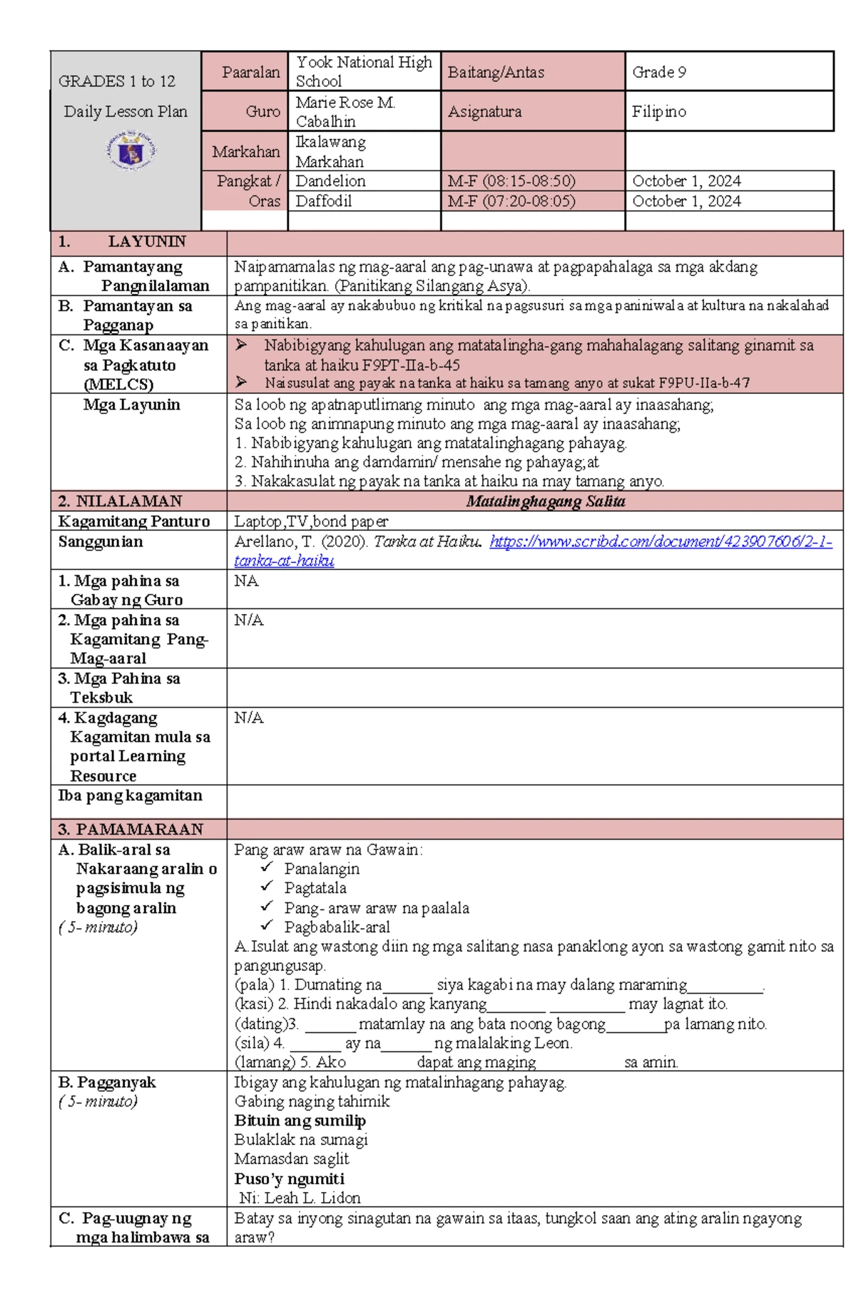 Grade 9 Filipino Daily Lesson Plan by Guro Marie Rose M. Cabalhin - Studocu
