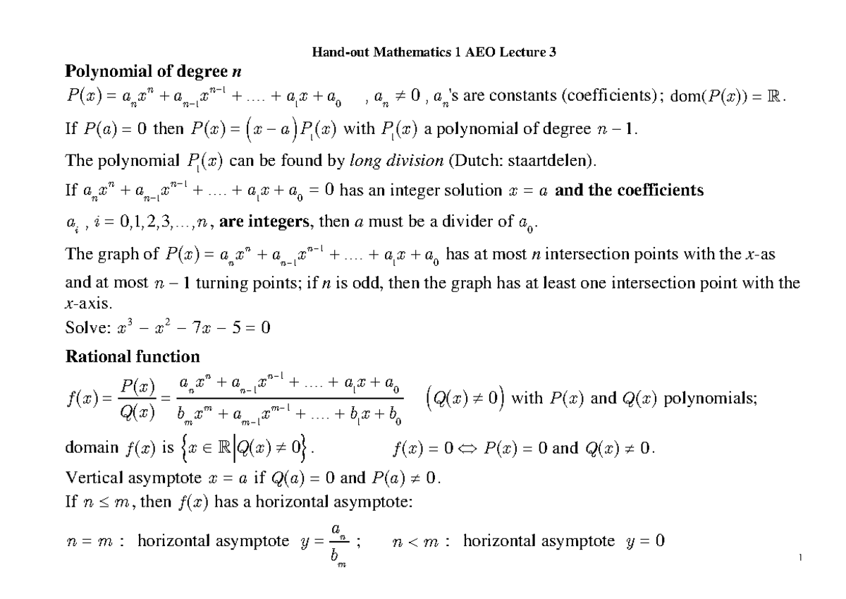 Mathematics 1 AEO Lecture 3: Polynomials and Functions Overview ...