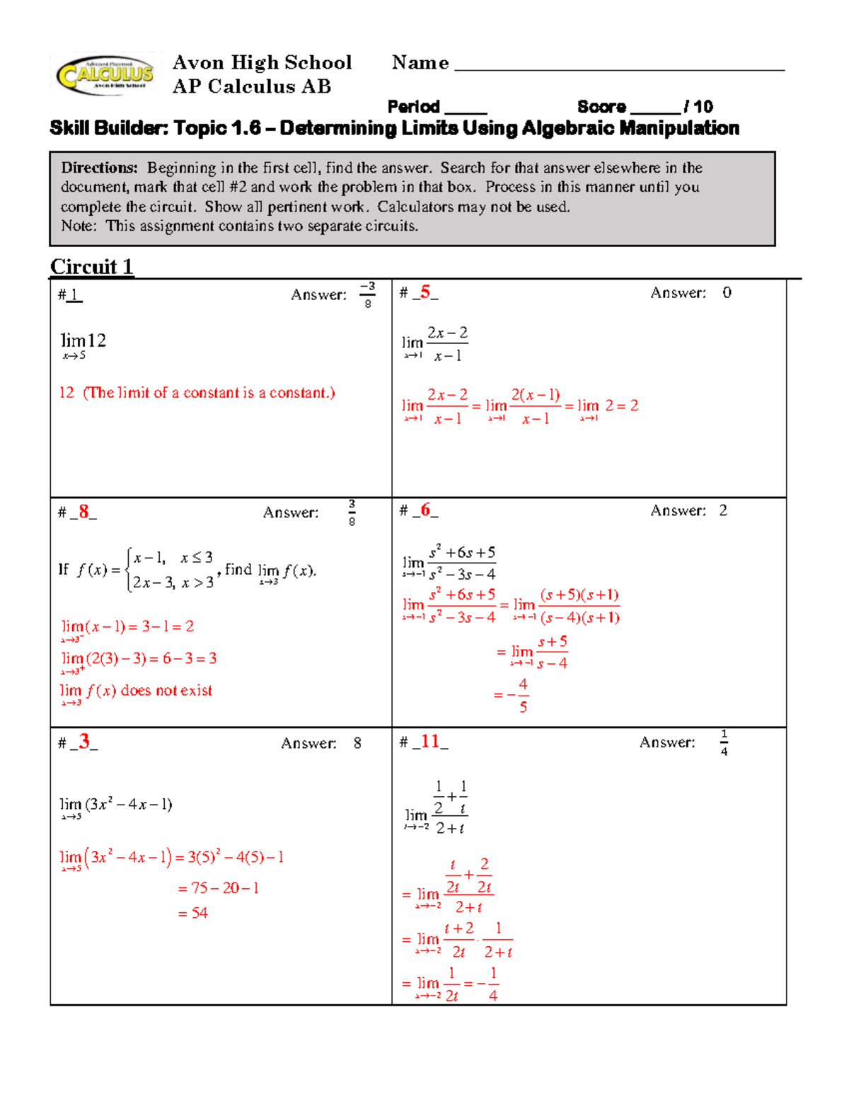 AP Calculus AB (Topic 1.6) Skill Builder: Determining Limits - Studocu