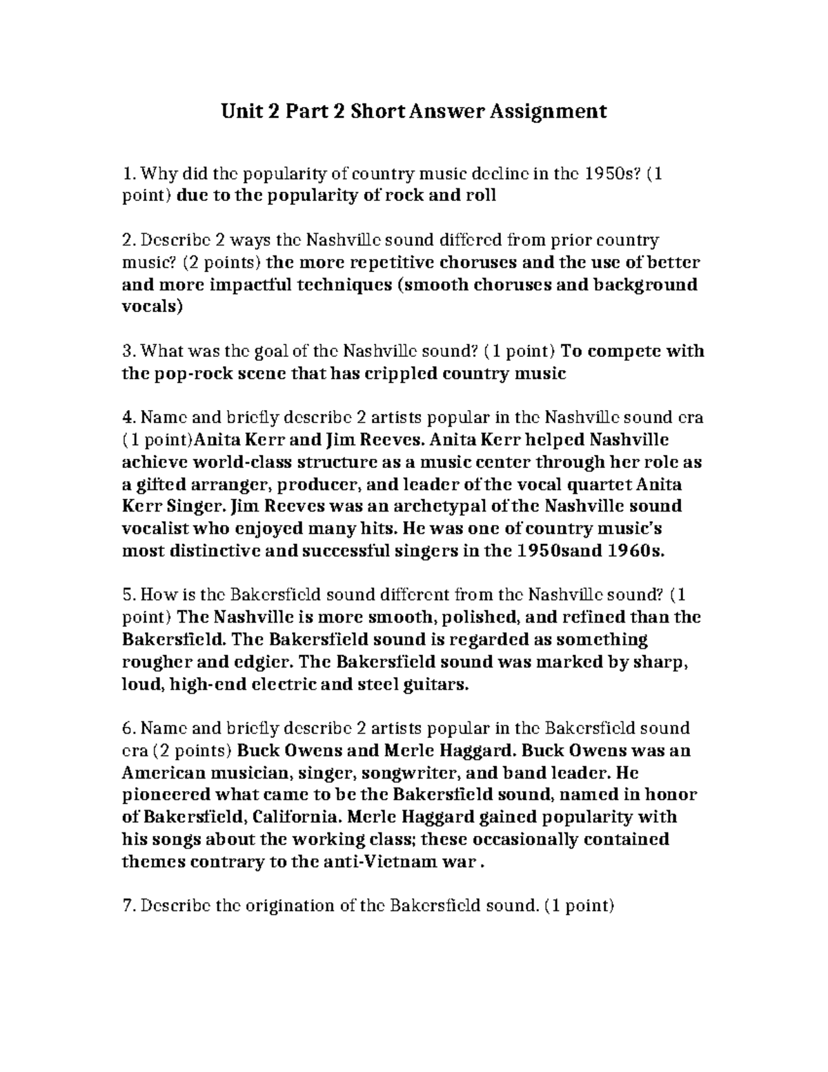 Unit 2 Part 2 Short Answer Assignment on Country Music Dynamics - Studocu