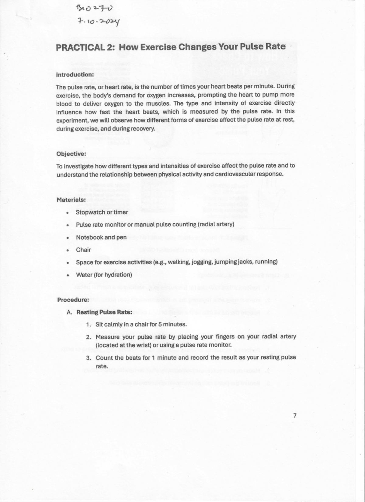 Lab BIO - lab manual - B10270 7.10 PRACTICAL 2: How Exercise Changes ...