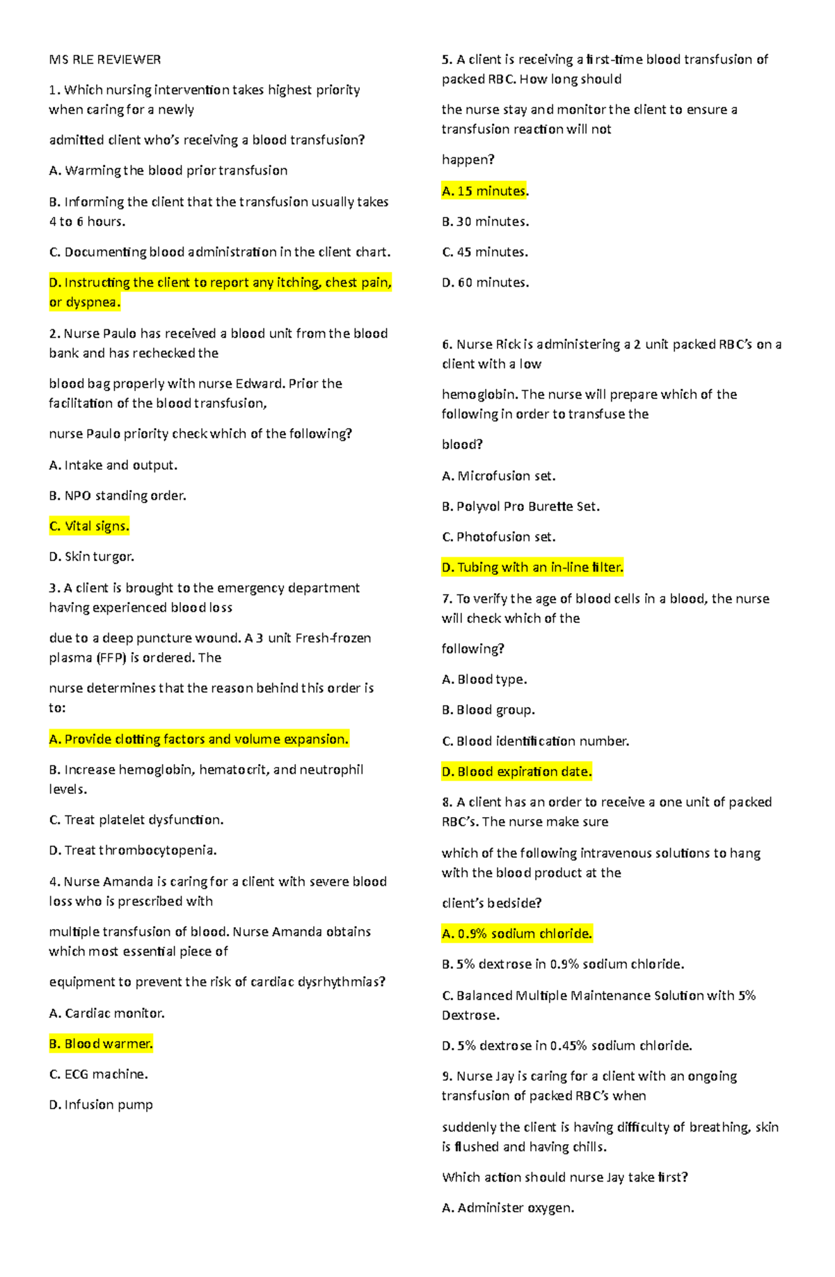 MS-RLE- Reviewer - ccto - MS RLE REVIEWER Which nursing intervention ...