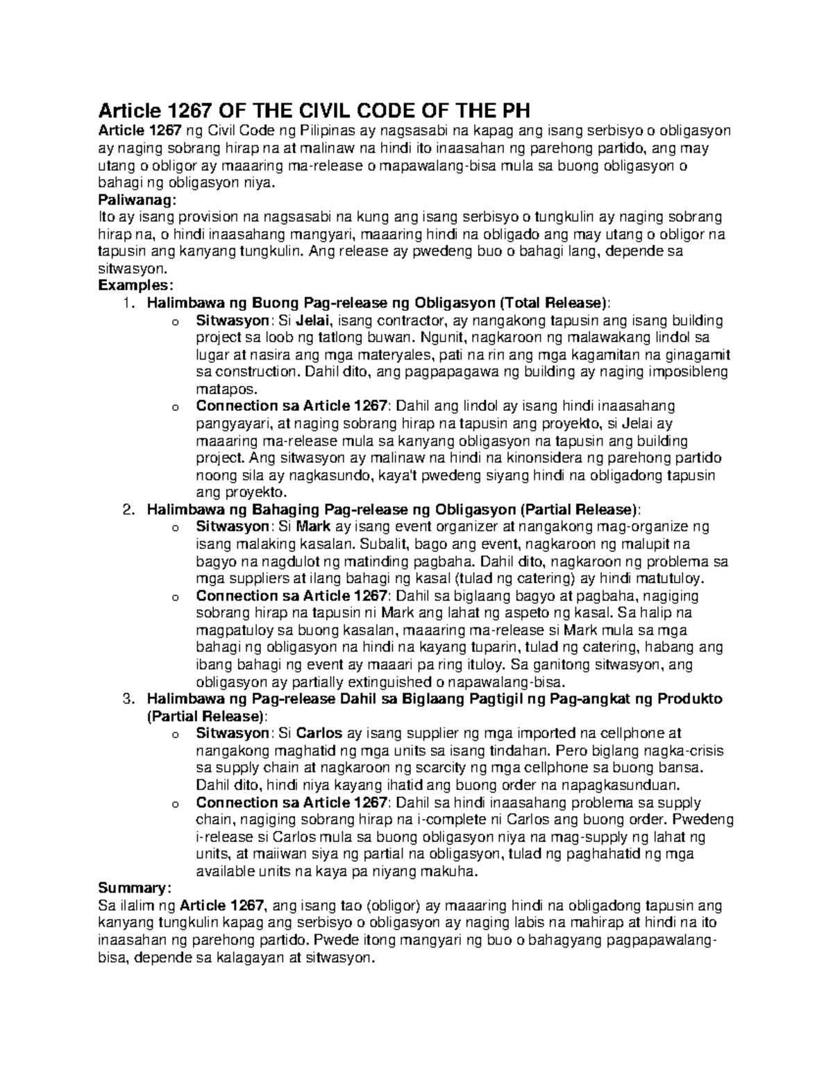 Revised Script for Articles 1267-1271 ng Civil Code ng Pilipinas - Studocu