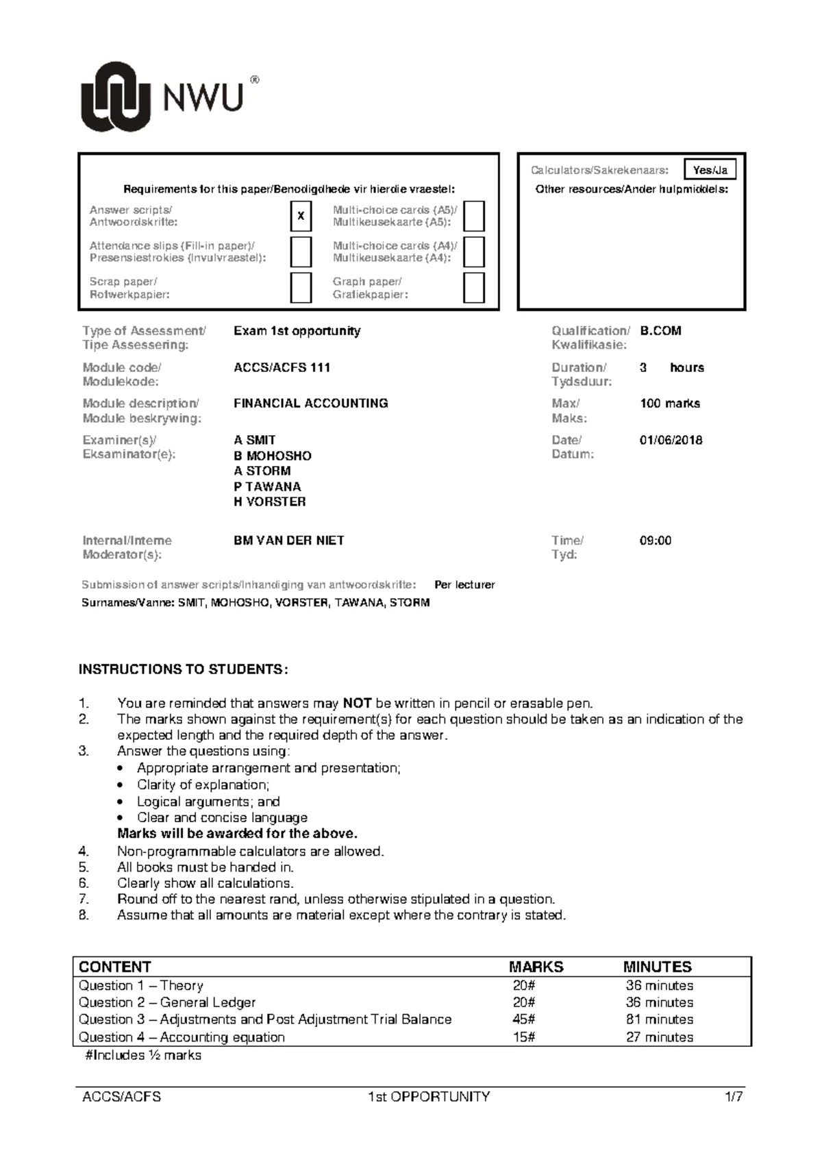 ACCS 111 Introduction to Accounting 2016 1st Opp Exam Instructions ...