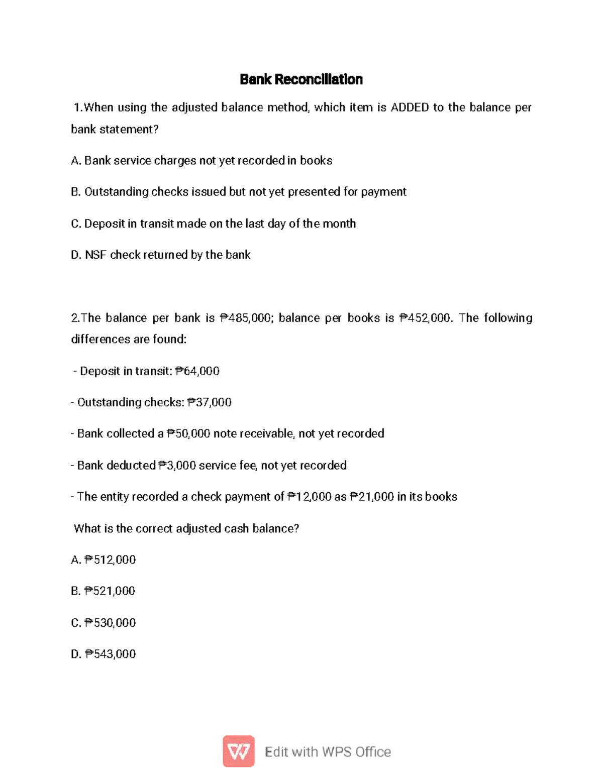 Bank Reconciliation Quiz: Adjusted Balance Method & Problem Solving ...