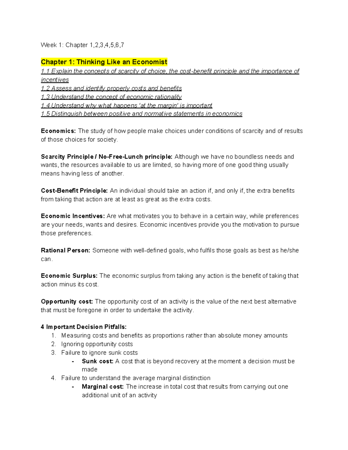 Economics for IB Summary Midterm 1 - Chapters 1 to 7 Overview - Studeersnel