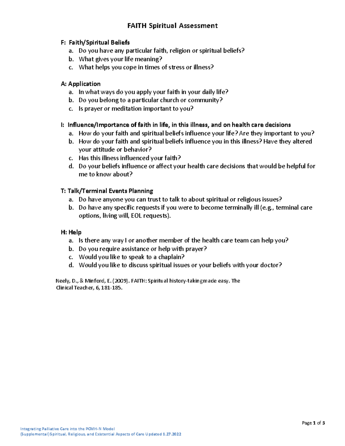 FAITH Spiritual Assessment Tool: Beliefs, Application & Care - Studocu