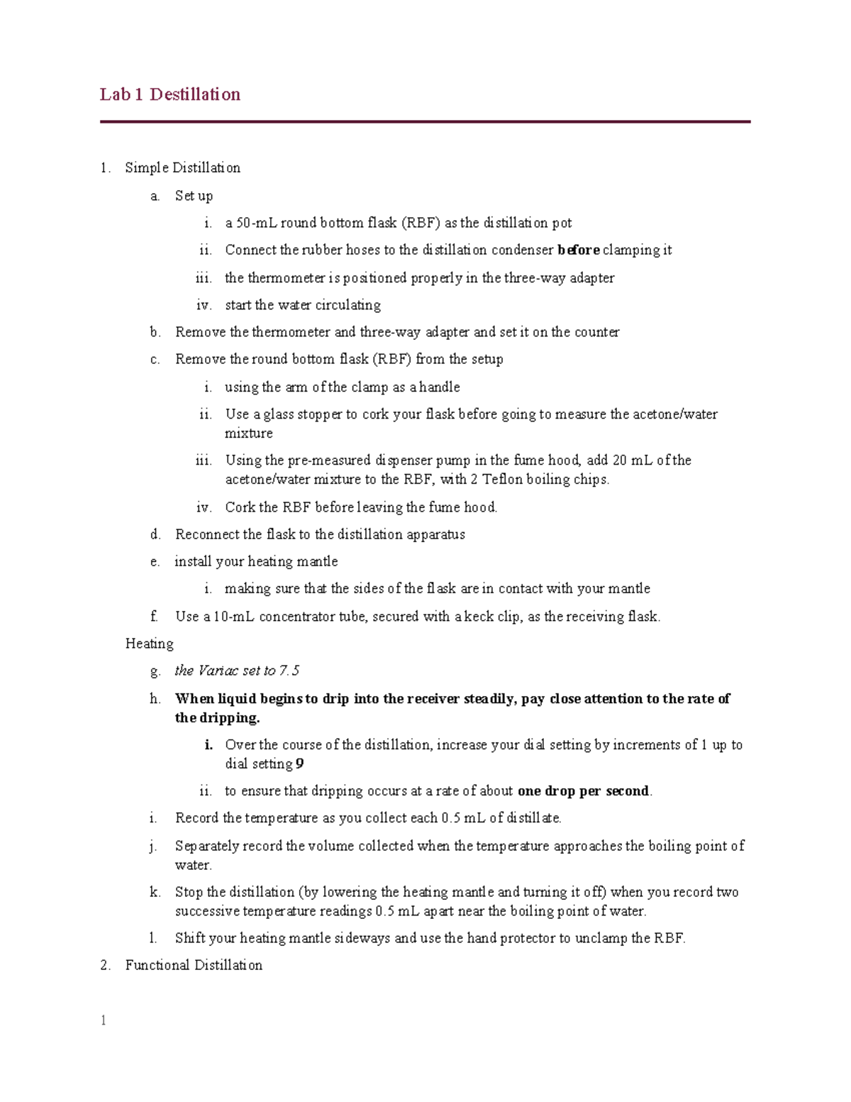 Lab 1: Distillation Flow Chart and Procedure Guide - Studocu