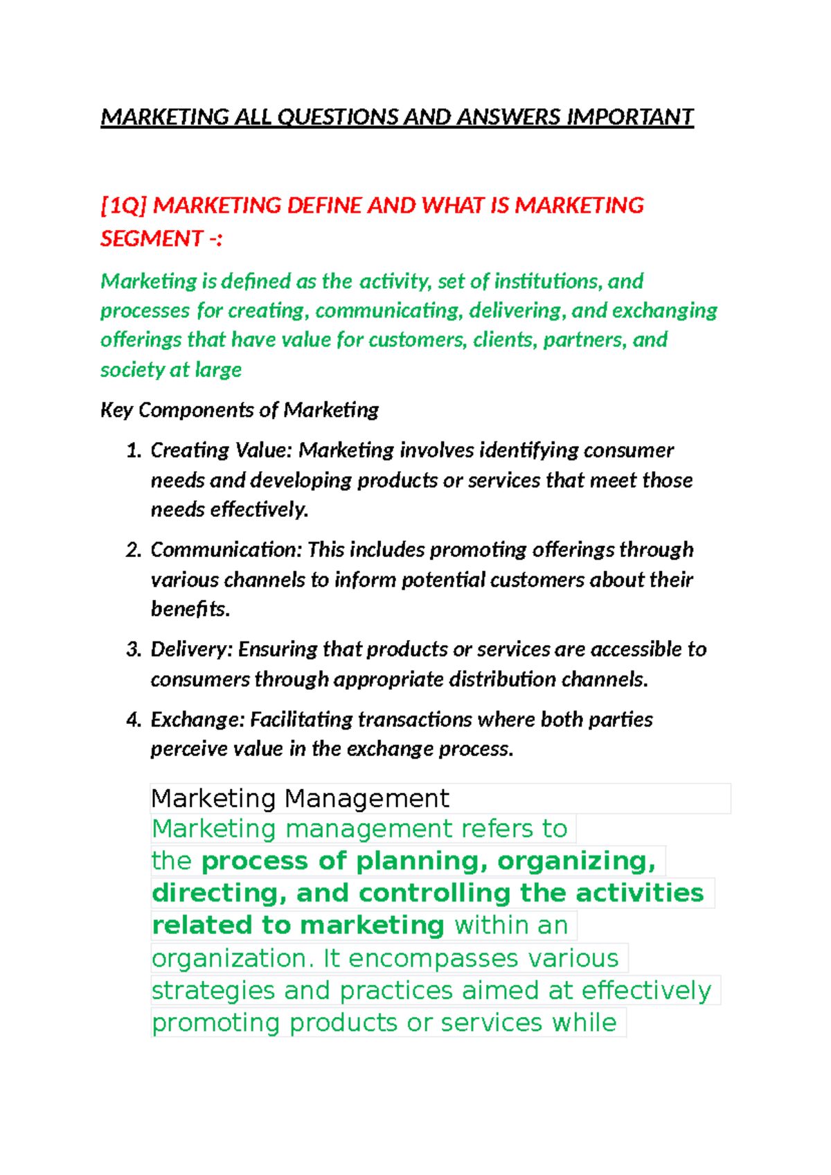 Marketing Important Questions and Answers - Study Guide - Studocu
