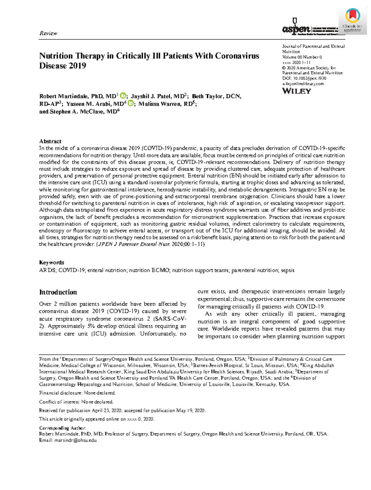 Nutrition Therapy in Critically Ill Patients with COVID-19: ASPEN ...