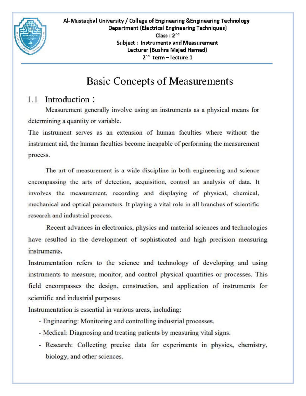 Instruments and Measurement (EE Techniques) 2nd Term Lecture 1 Summary ...