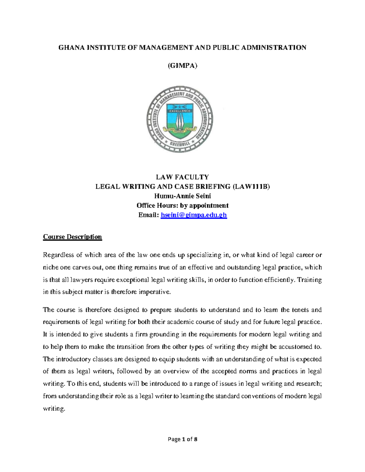 Legal Writing and Research I (LW 101) Course Outline 2024-25 - Studocu