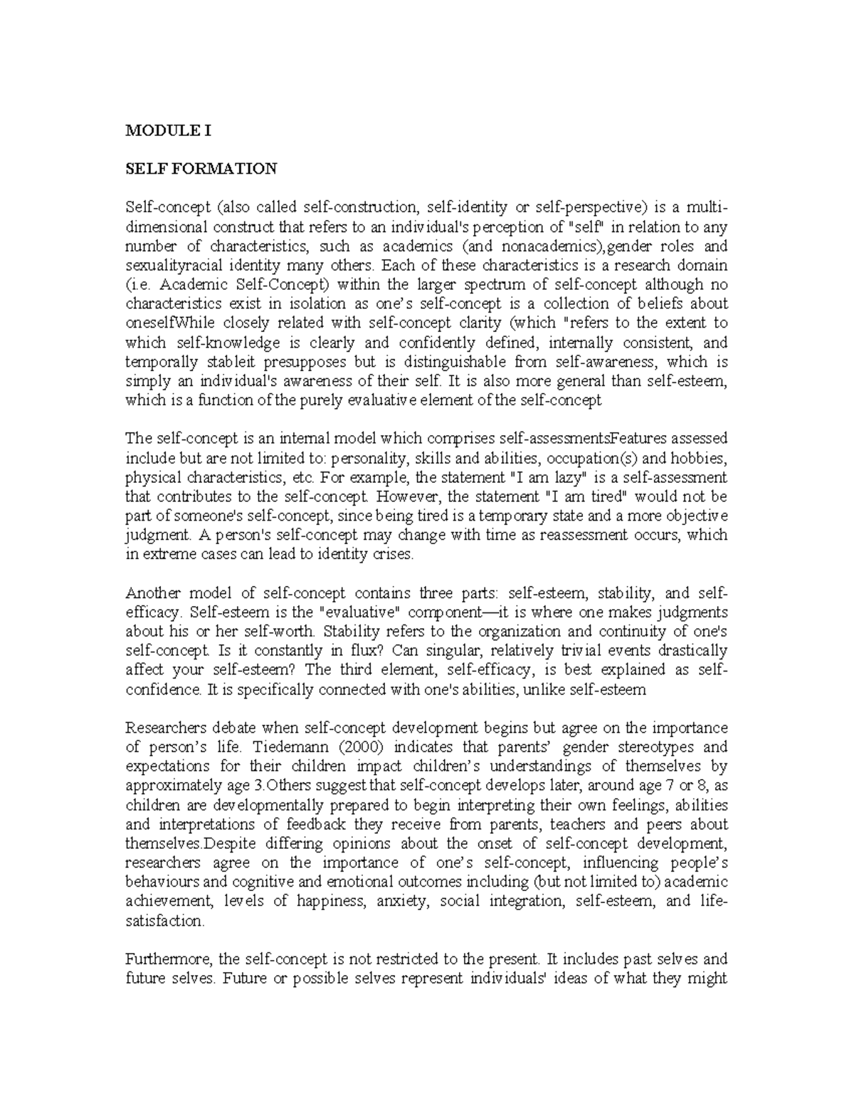 Module I - MODULE I SELF FORMATION Self-concept (also called self ...