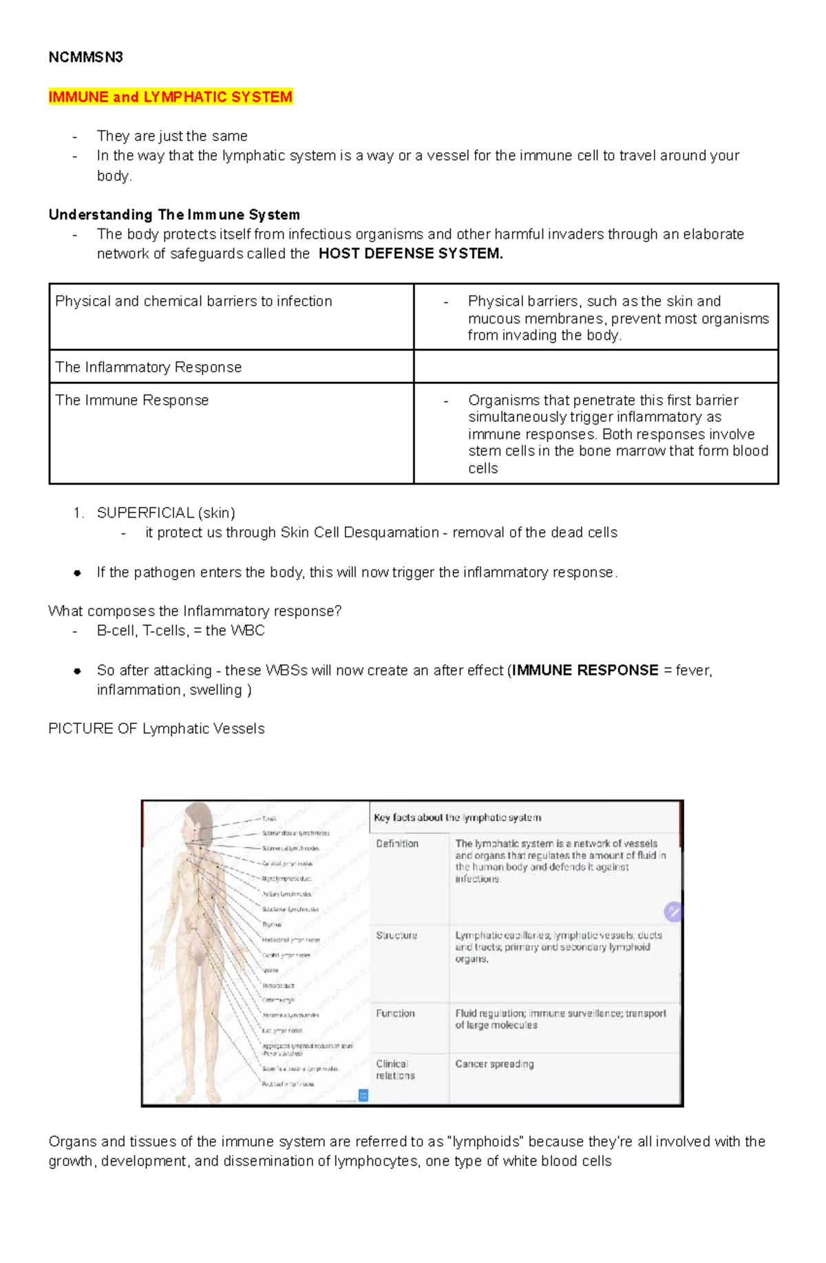 NCMMSN3 Immune and Lymphatic System Overview and Functions - Studocu