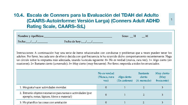 Evaluación CAARS-A: Escala de Conners para TDAH en Adultos - Studocu