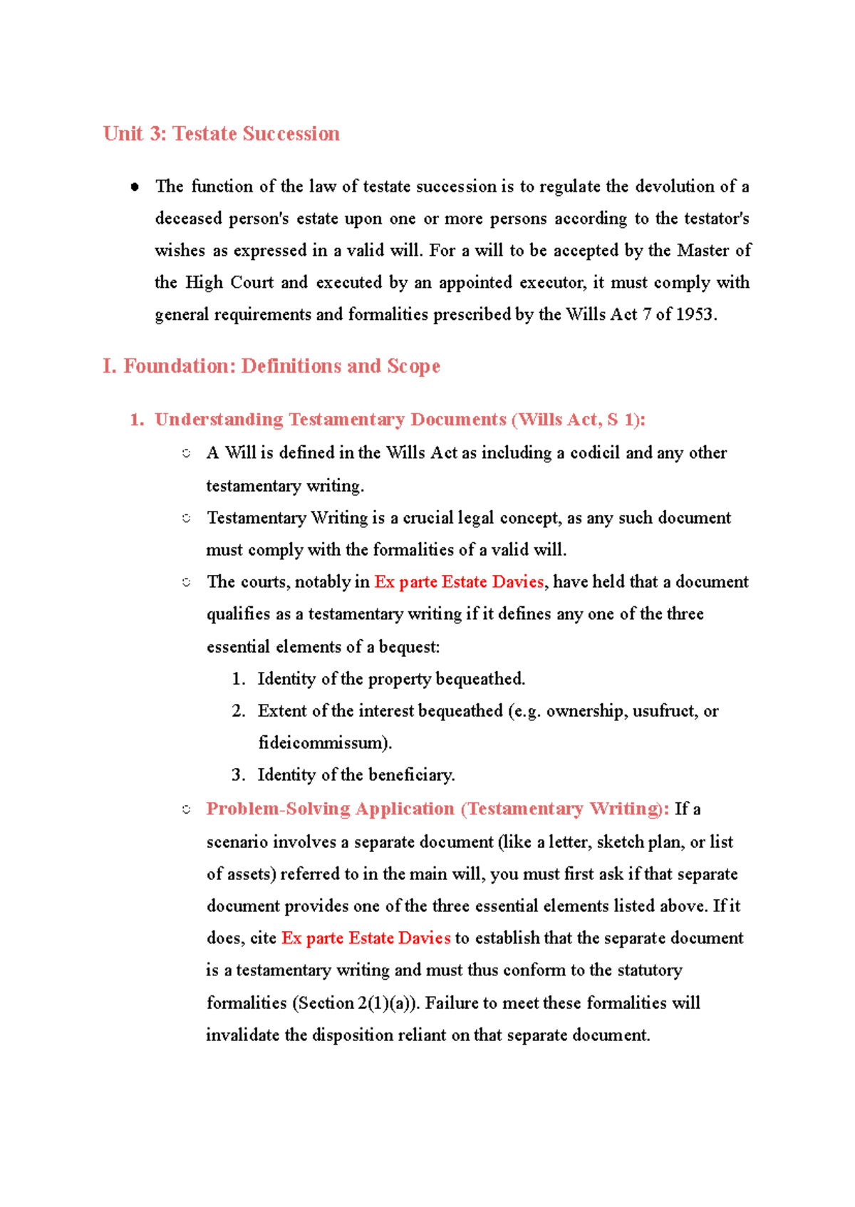 Succession Law Unit 3: Testate Succession Overview and Principles - Studocu