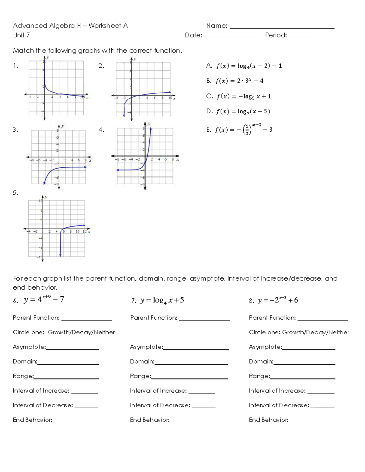 AAH U7 Worksheet A: Graphing Logarithmic Functions - Studocu