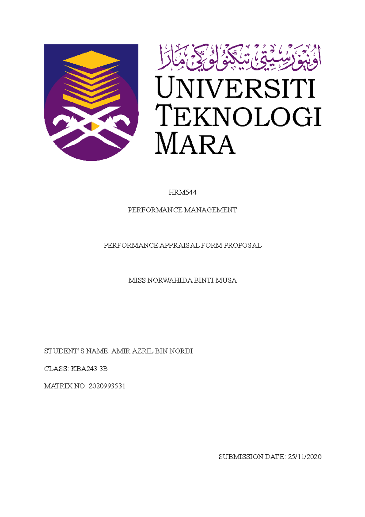 HRM544 Performance Appraisal Form Proposal - HRM PERFORMANCE MANAGEMENT ...