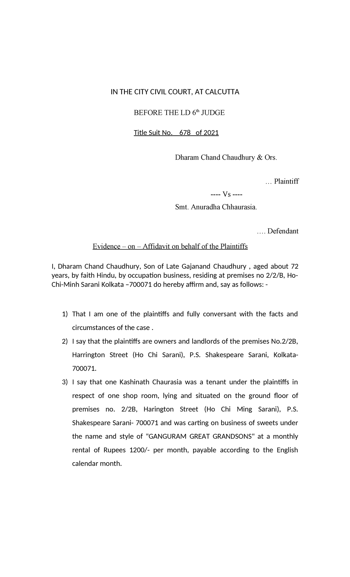 Title Suit No. 678 of 2022: Evidence on Affidavit by Plaintiffs - Studocu