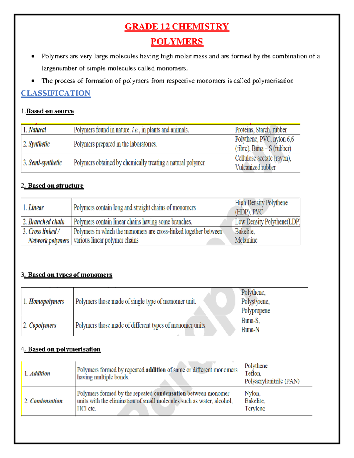 Grade 12 Chemistry - Polymers Lecture Notes and Key Concepts - Studocu
