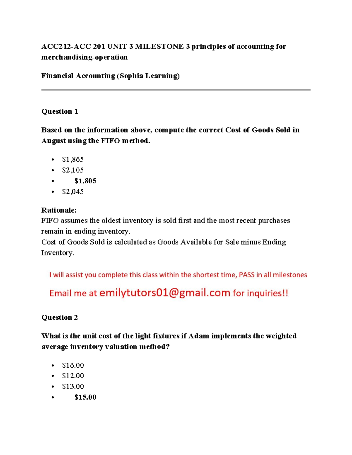 ACC212-ACC 201 UNIT 3 Milestone 3: Principles of Accounting for ...