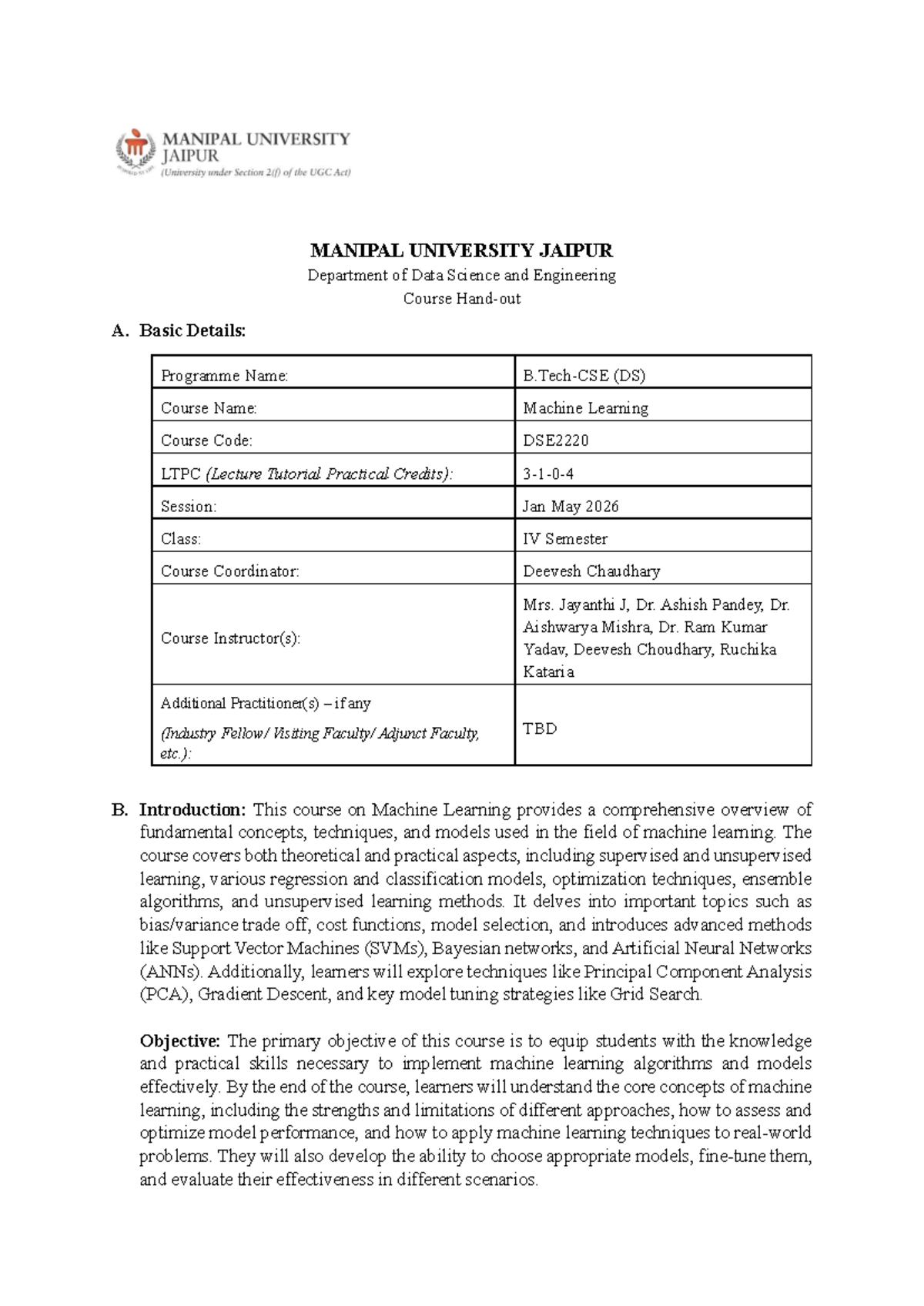 Course Handout DSE2220: Machine Learning Overview and Syllabus - Studocu