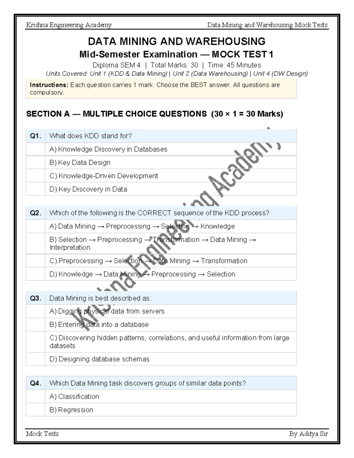 Data Mining and Warehousing Mock Tests - Mid-Sem Exam - Studocu